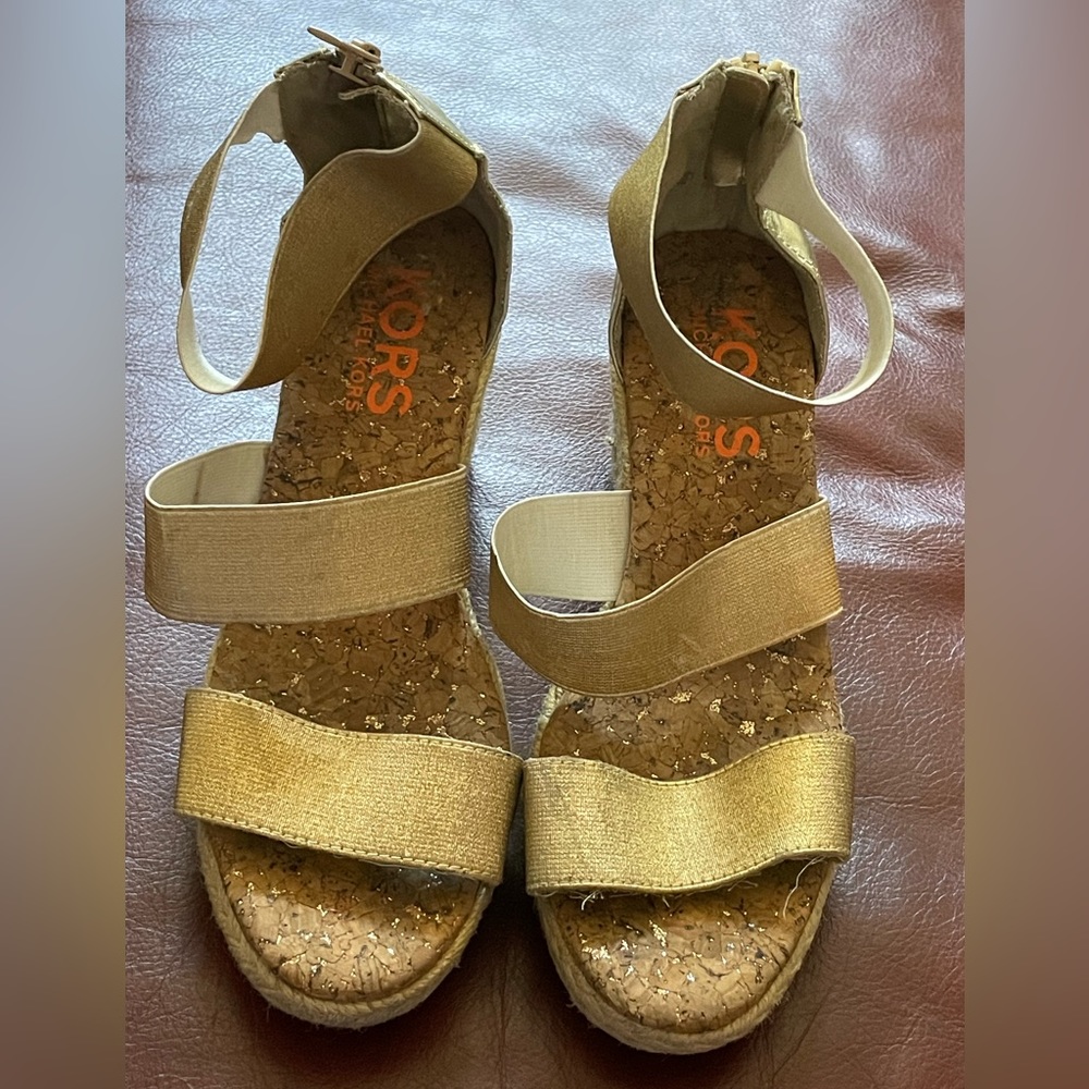 Michael Kobe’s Gold Espadrille Wedge Sandals, Size 7